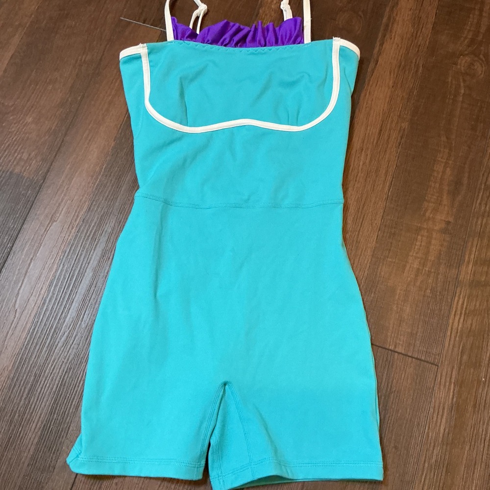 Jo+Jax Pressley Dance Biketard Unitard Teal Blue Ruffle Open Back Small Adult